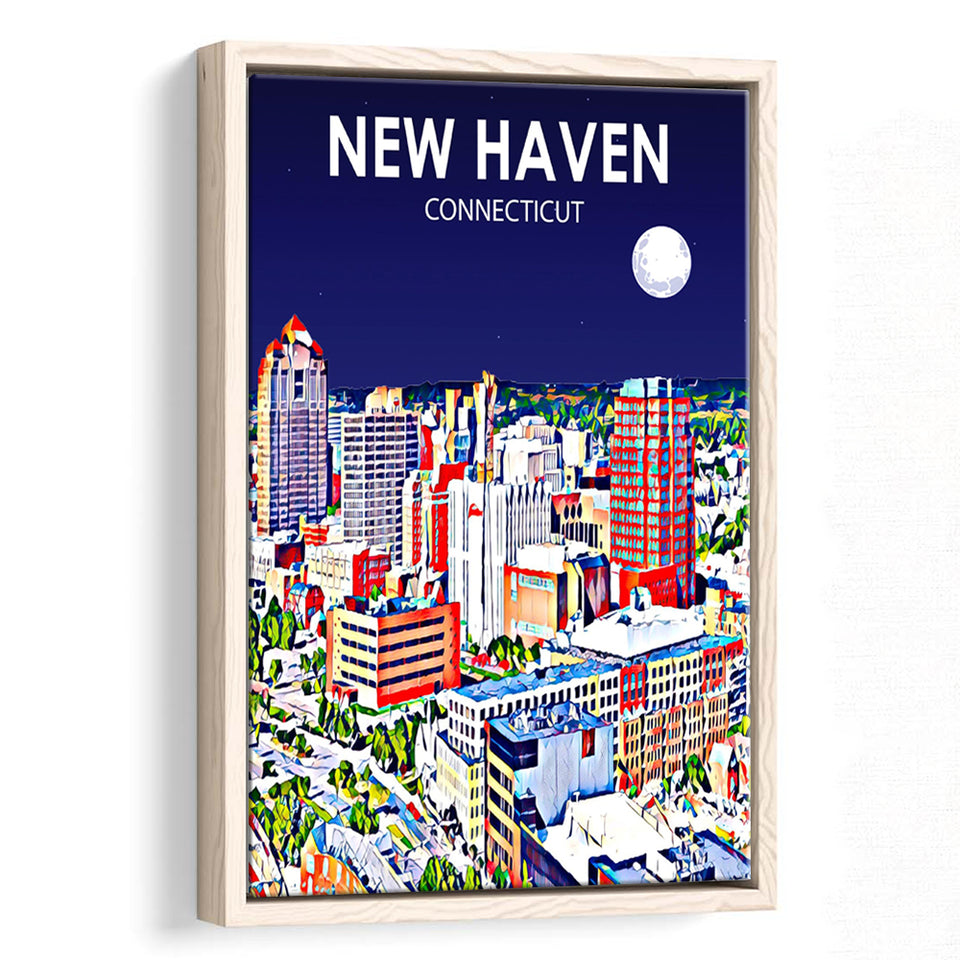 New Haven CT Art Night Landscape, Large Canvas, Framed Canvas Print Wall Art Home Decor, Floating Frame