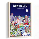New Haven CT Art Night Landscape, Large Canvas, Framed Canvas Print Wall Art Home Decor, Floating Frame