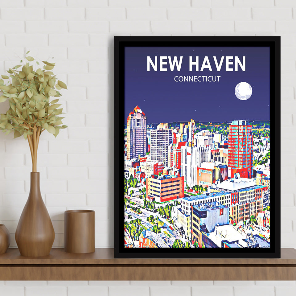 New Haven CT Art Night Landscape, Large Canvas, Framed Canvas Print Wall Art Home Decor, Floating Frame