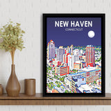 New Haven CT Art Night Landscape, Large Canvas, Framed Canvas Print Wall Art Home Decor, Floating Frame