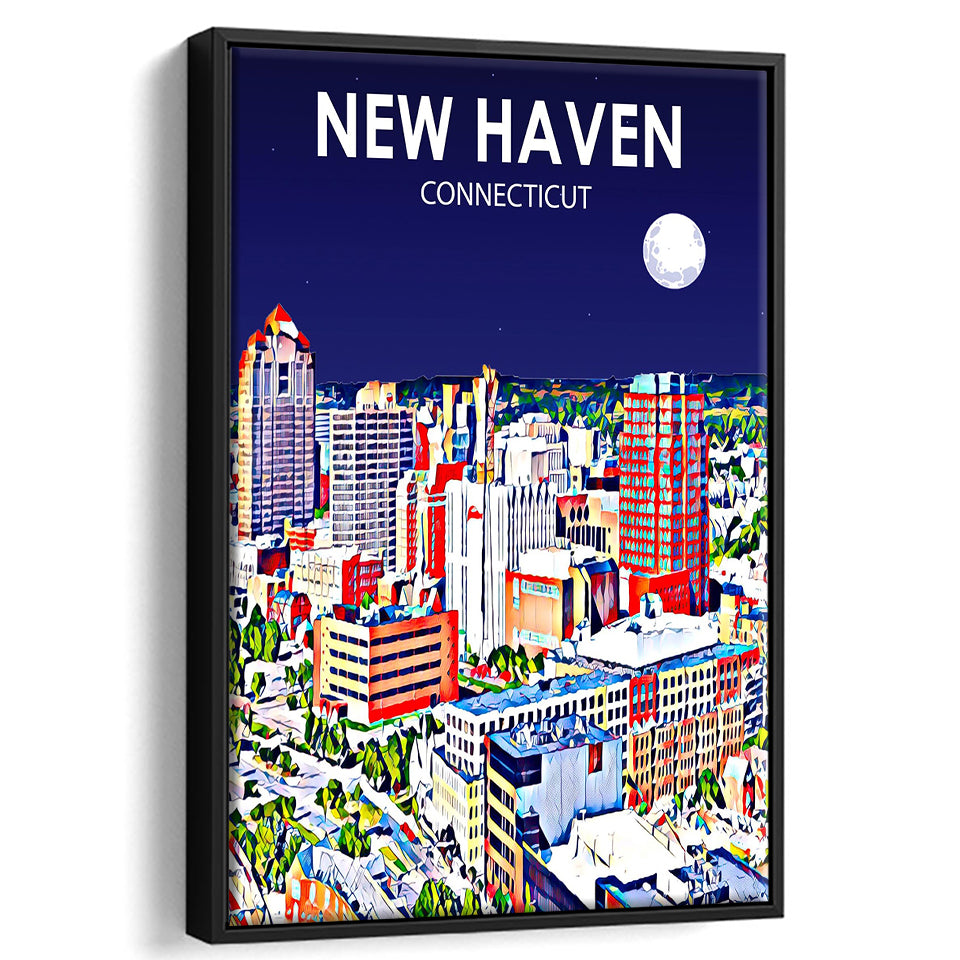 New Haven CT Art Night Landscape, Large Canvas, Framed Canvas Print Wall Art Home Decor, Floating Frame
