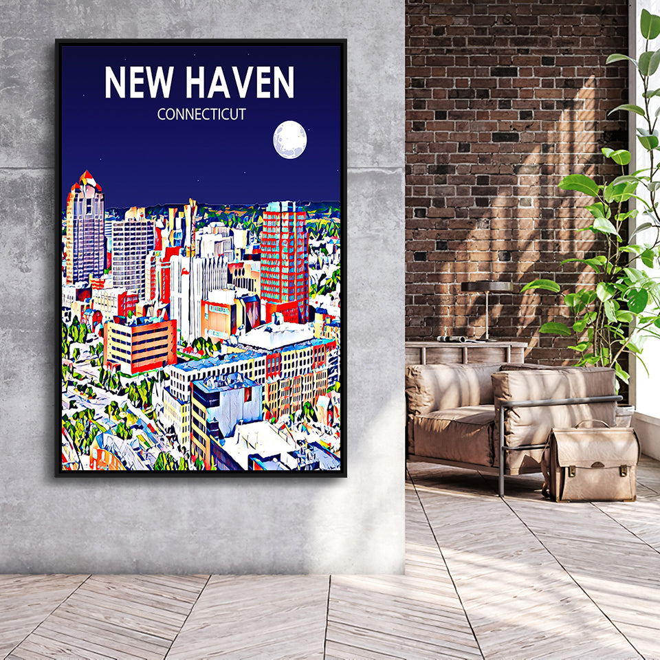 New Haven CT Art Night Landscape, Large Canvas, Framed Canvas Print Wall Art Home Decor, Floating Frame