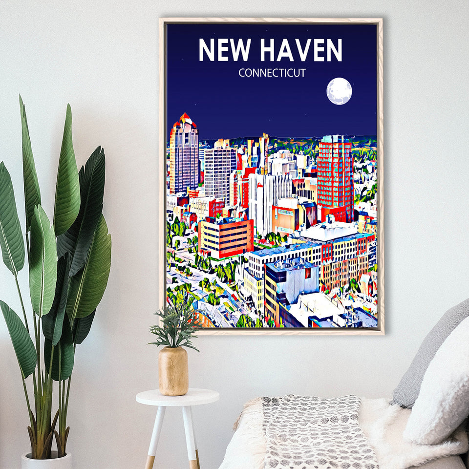 New Haven CT Art Night Landscape, Large Canvas, Framed Canvas Print Wall Art Home Decor, Floating Frame