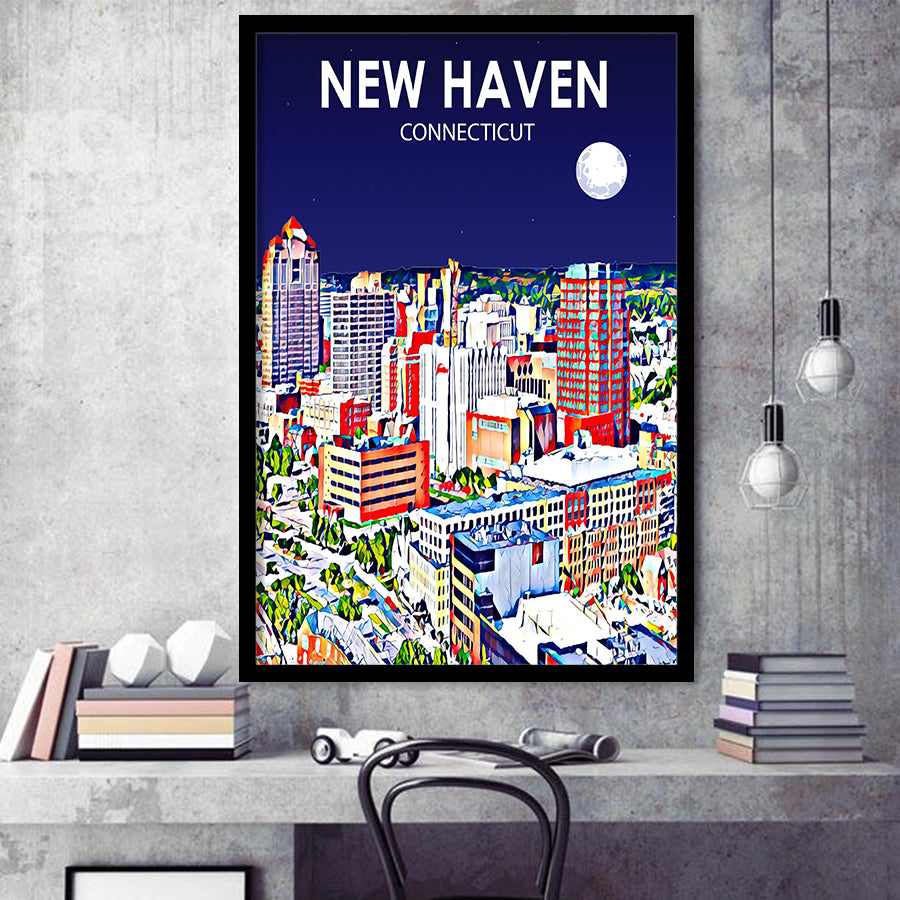 New Haven CT Art Night Landscape, City Art Print, Framed Art Print Wall Art Home Decor, Framed Picture