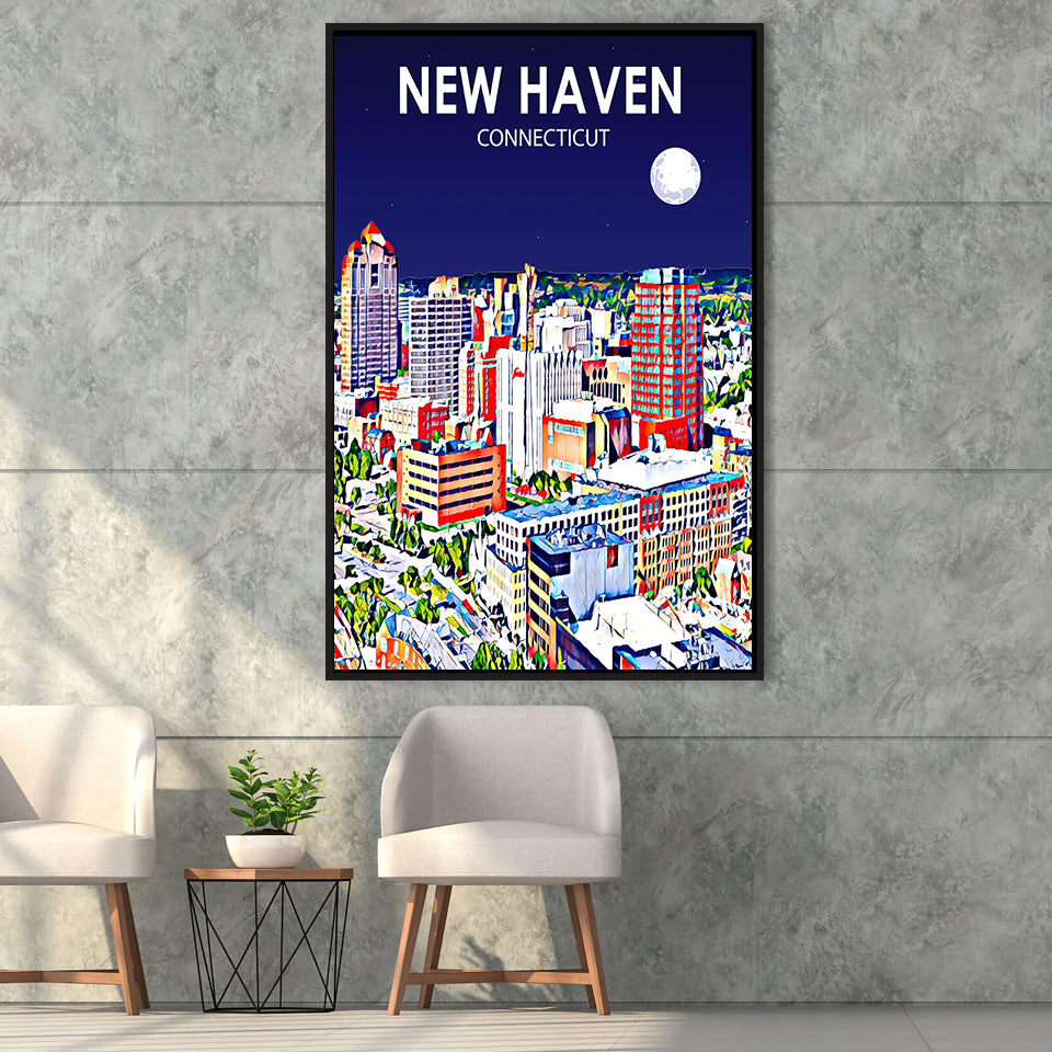 New Haven CT Art Night Landscape, Large Canvas, Framed Canvas Print Wall Art Home Decor, Floating Frame
