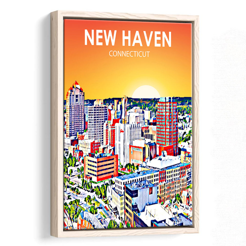 New Haven CT Art Sunset Landscape, Large Canvas, Framed Canvas Print Wall Art Home Decor, Floating Frame