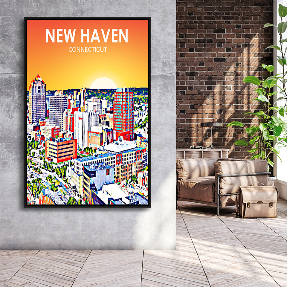 New Haven CT Art Sunset Landscape, Large Canvas, Framed Canvas Print Wall Art Home Decor, Floating Frame
