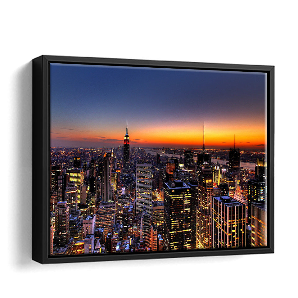 New York City Skyline Sunset Framed Canvas Wall Art - Framed Prints, Prints for Sale, Canvas Painting