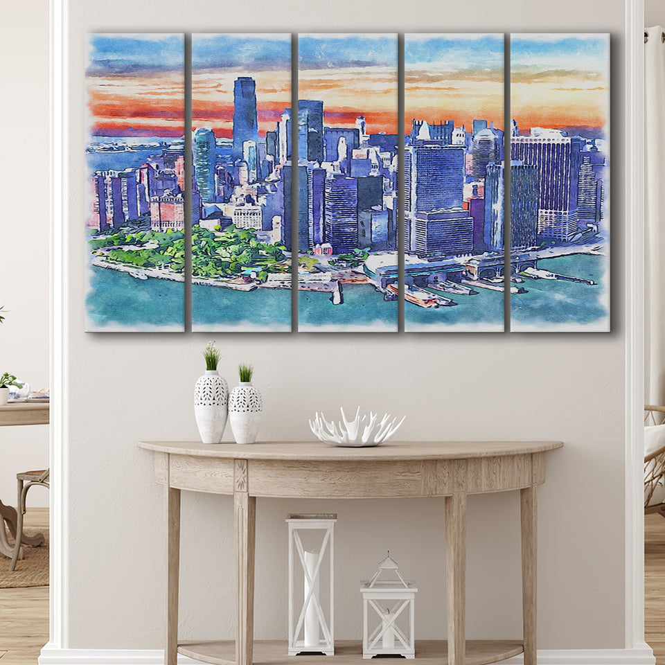 New York City Watercolor New York City, 5 Pieces B, Multi Panel Canvas Prints Wall Art Decor