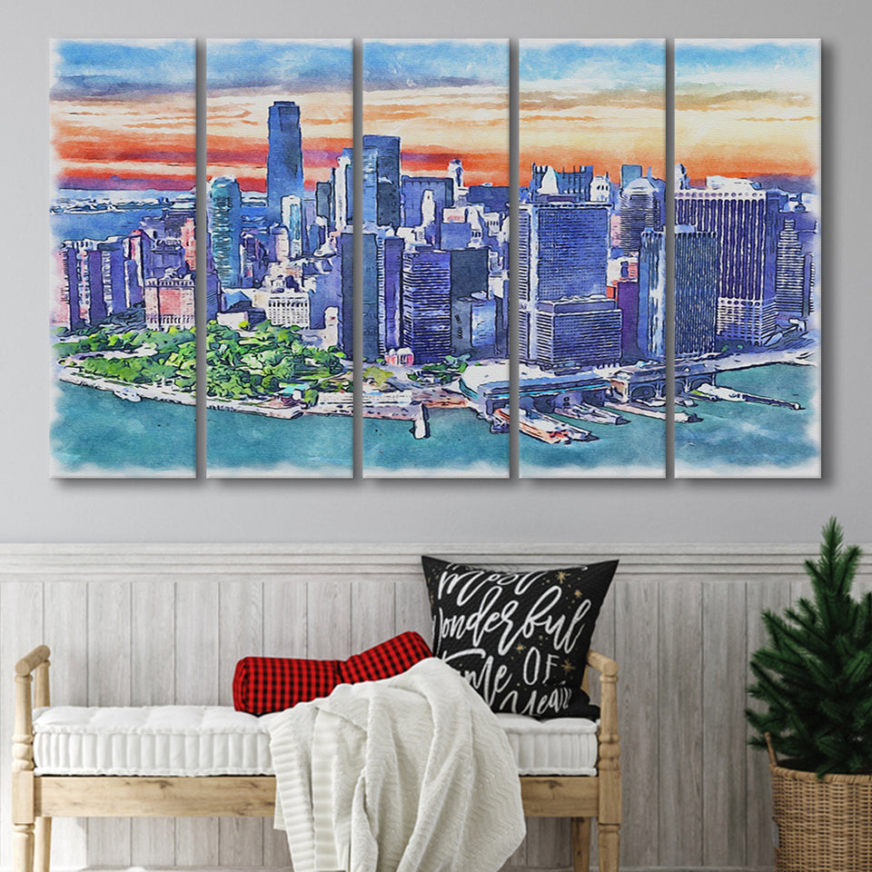 New York City Watercolor New York City, 5 Pieces B, Multi Panel Canvas Prints Wall Art Decor