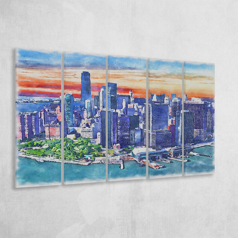 New York City Watercolor New York City, 5 Pieces B, Multi Panel Canvas Prints Wall Art Decor