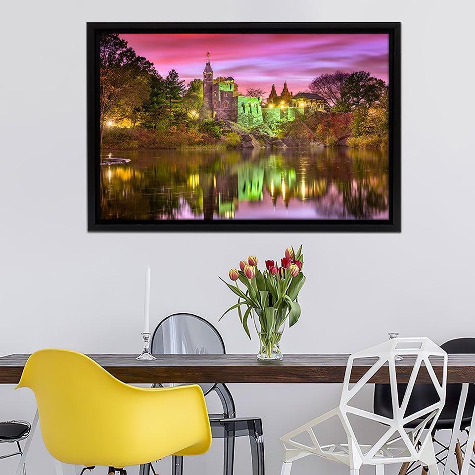 New York City At Belvedere Castle During An Autumn Twilight Framed Canvas Wall Art - Framed Prints, Canvas Prints,For Sale, Canvas Painting