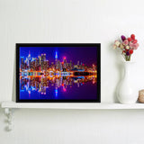 New York City By Night River Hudson Framed Canvas Wall Art - Framed Prints, Prints for Sale, Canvas Painting