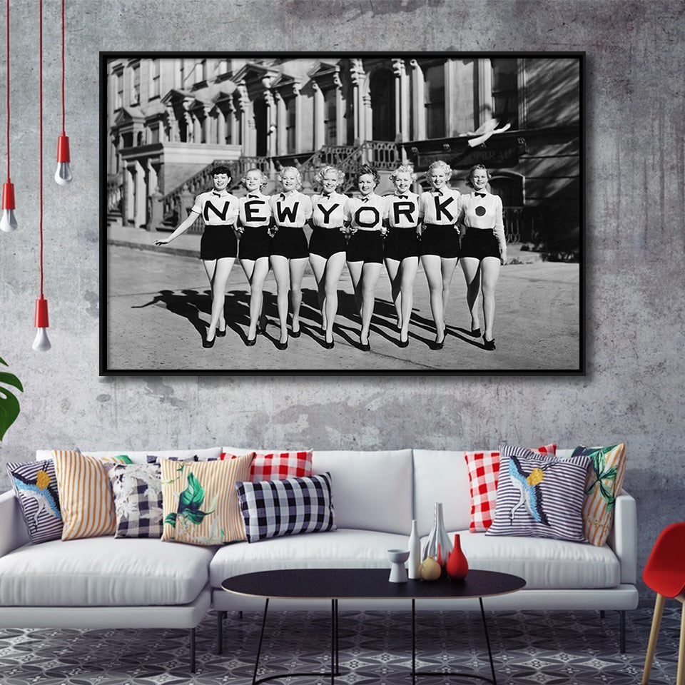 New York Girls Black And White Print, Chorus Line Framed Canvas Prints Wall Art Home Decor,Floating Frame