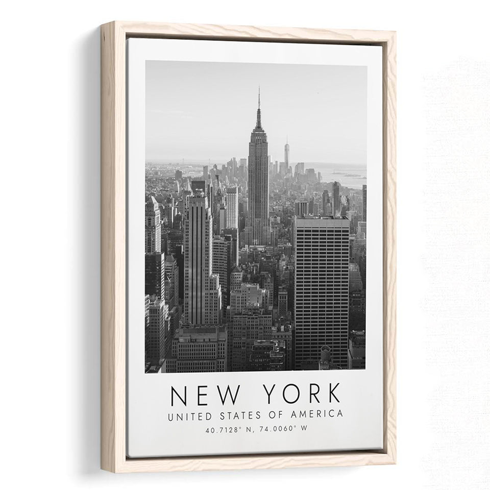 New York Usa 2 Black And White Art Framed Canvas Prints Wall Art Home Decor, Floating Frame