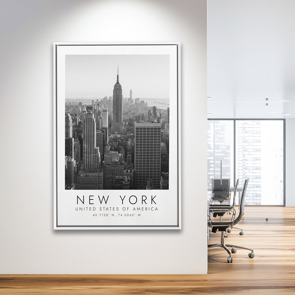 New York Usa 2 Black And White Art Framed Canvas Prints Wall Art Home Decor, Floating Frame