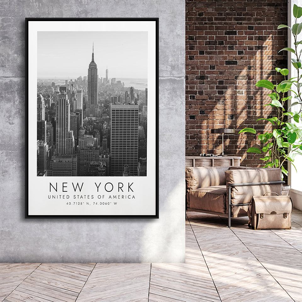 New York Usa 2 Black And White Art Framed Canvas Prints Wall Art Home Decor, Floating Frame