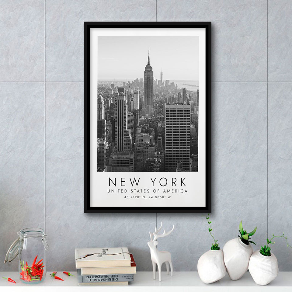 New York Usa 2 Black And White Art Framed Canvas Prints Wall Art Home Decor, Floating Frame