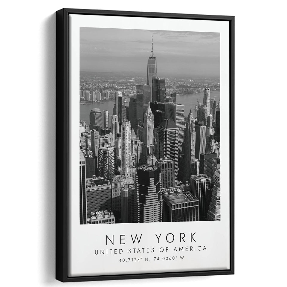 New York Usa Black And White Art Framed Canvas Prints Wall Art Home Decor, Floating Frame