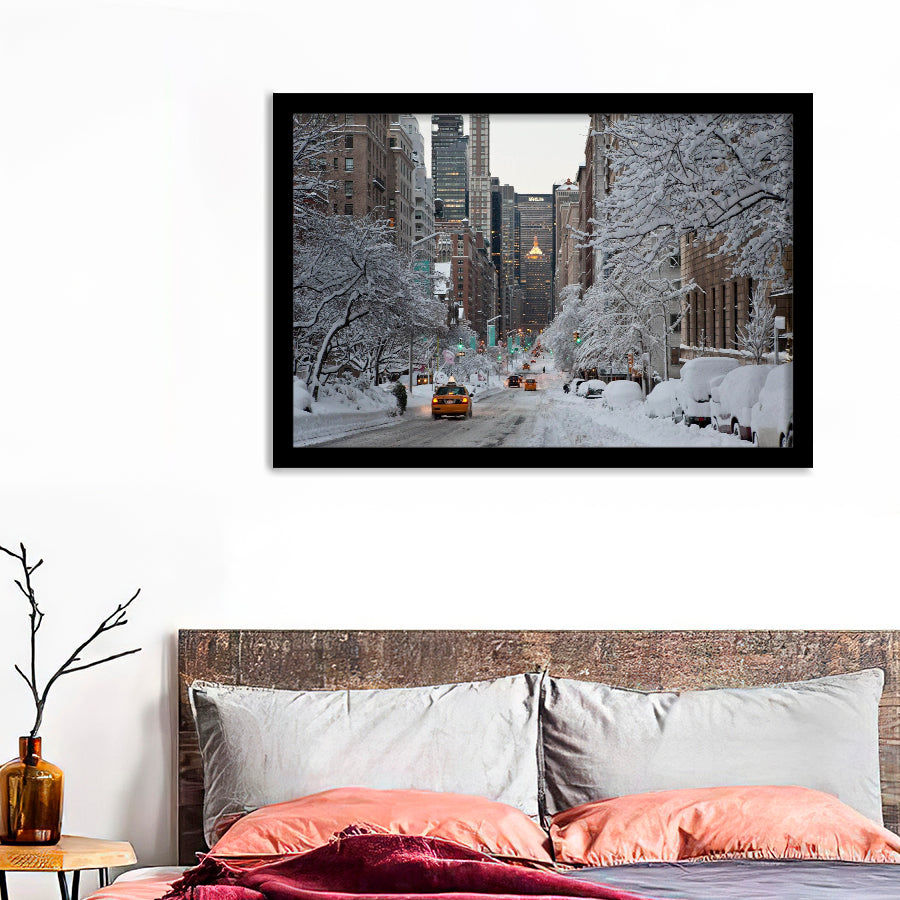 New York Street Winter Snow Usa Beautyfull Framed Wall Art Prints - Framed Prints, Prints for Sale, Framed Art