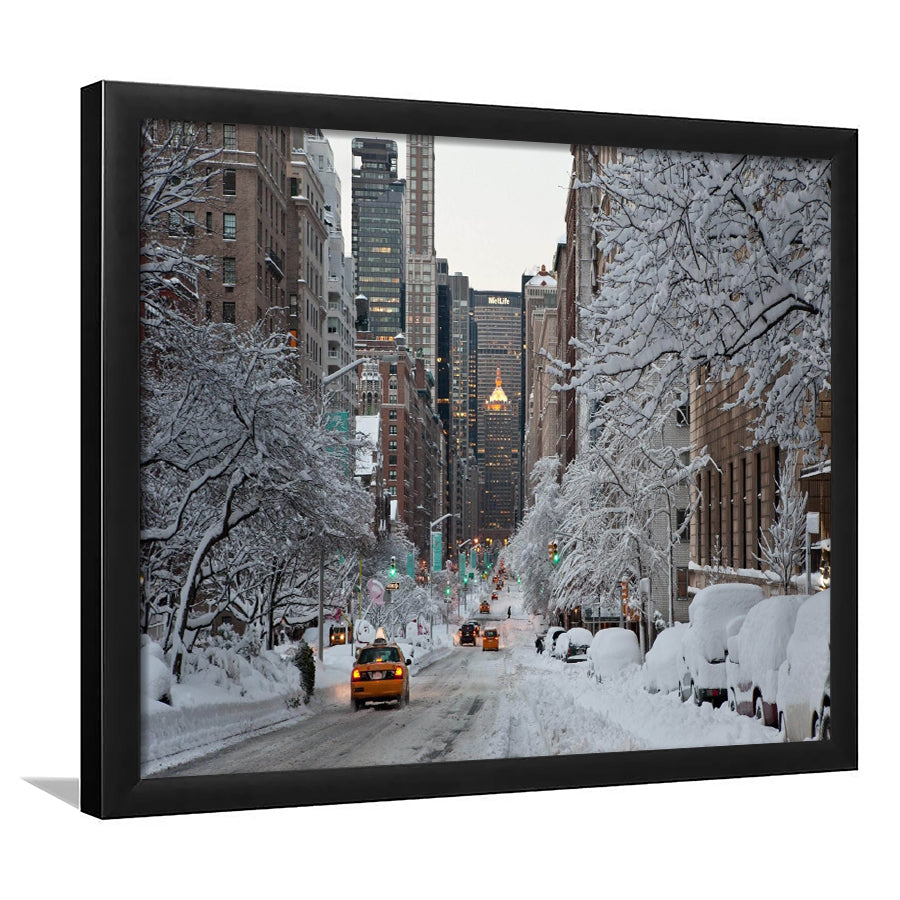 New York Street Winter Snow Usa Beautyfull Framed Wall Art Prints - Framed Prints, Prints for Sale, Framed Art