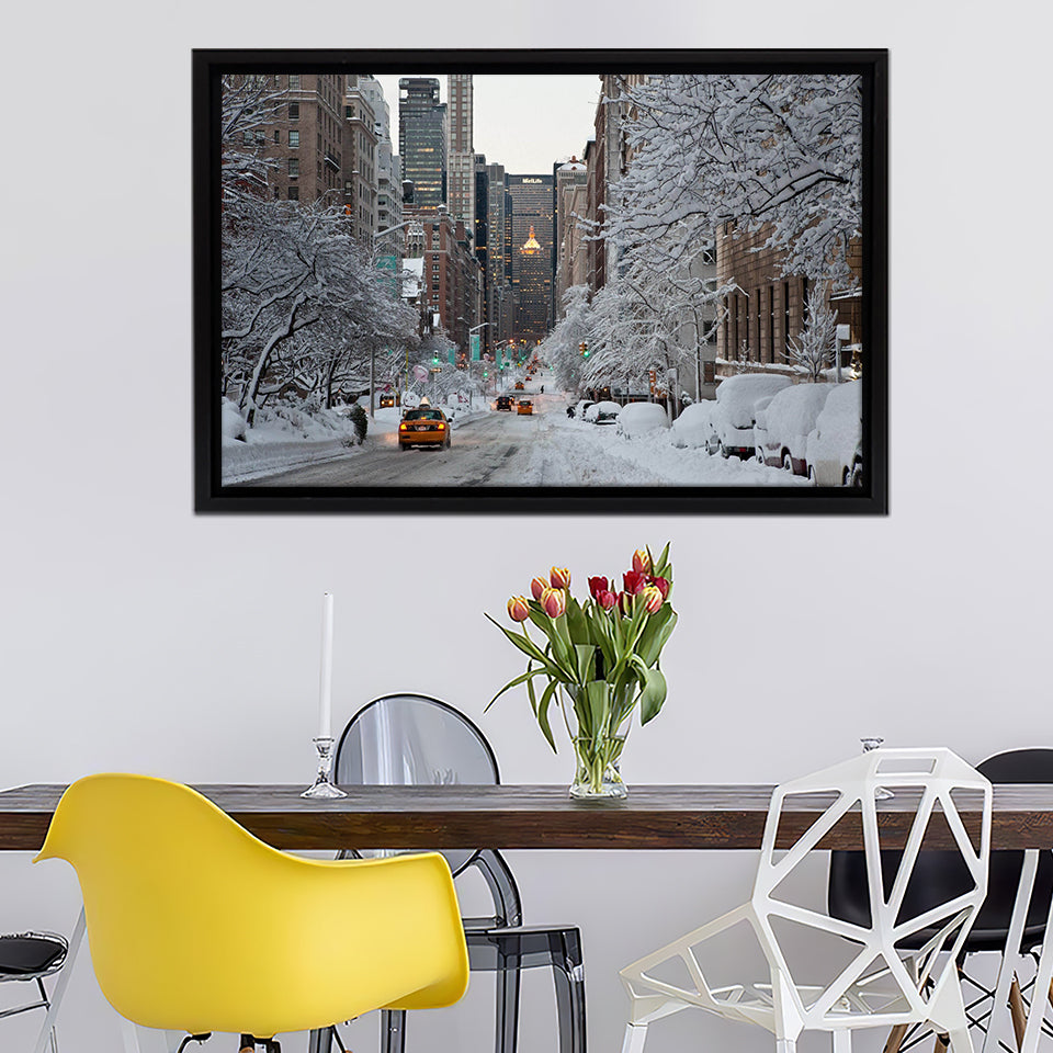 New York Street Winter Snow Usa Beautyfull Framed Canvas Wall Art - Framed Prints, Prints for Sale, Canvas Painting