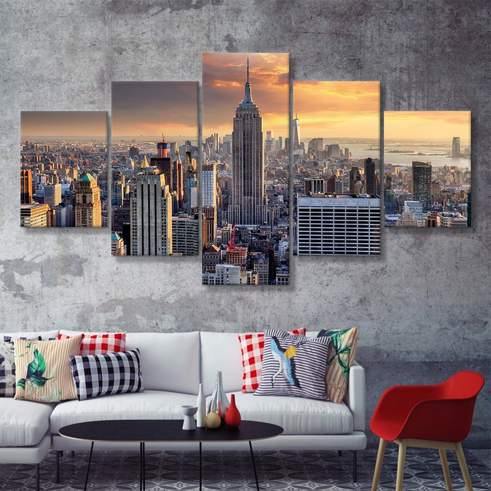 New York Skyline At Sunset Usa 5 Pieces Canvas Prints Wall Art - Painting Canvas, Multi Panels, Wall Decor