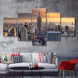 New York Skyline At Sunset Usa 5 Pieces Canvas Prints Wall Art - Painting Canvas, Multi Panels, Wall Decor