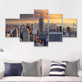 New York Skyline At Sunset Usa 5 Pieces Canvas Prints Wall Art - Painting Canvas, Multi Panels, Wall Decor