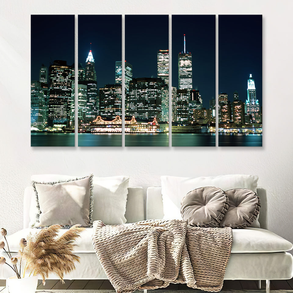 New York Night Lights Beatutyfull 5 Pieces Canvas Prints Wall Art Decor - Painting Canvas,Multi Panel,Painting Prints,For Sale