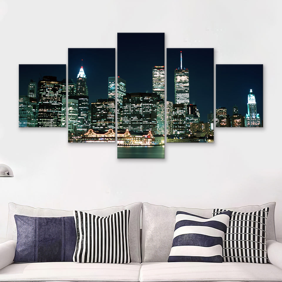 New York Night Lights Beatutyfull  5 Pieces Canvas Prints Wall Art - Painting Canvas, Multi Panel, Home Wall Decor, For Sale