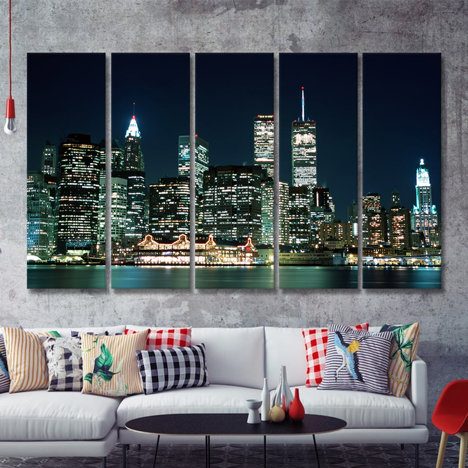 New York Night Lights Beatutyfull 5 Pieces Canvas Prints Wall Art Decor - Painting Canvas,Multi Panel,Painting Prints,For Sale