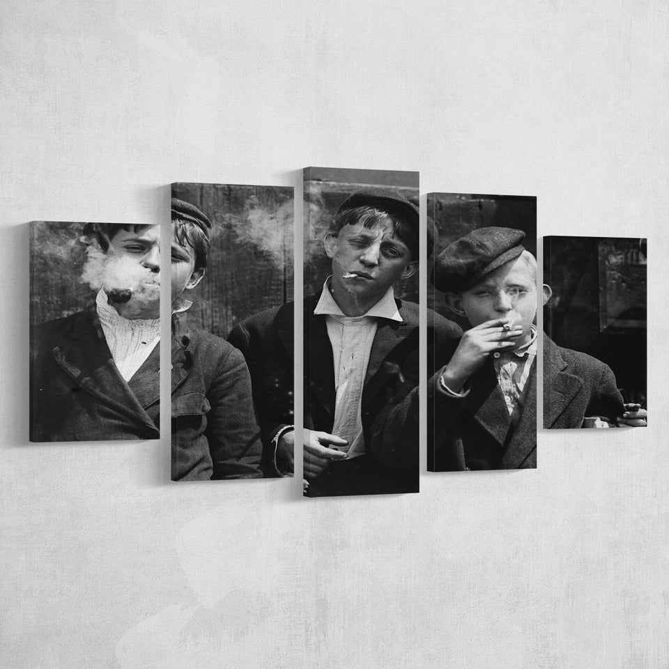 Newsies Boys Smoking Black And White Print, Lewis Hine 5 Panels, Canvas Prints Wall Art Decor, Large Canvas Art