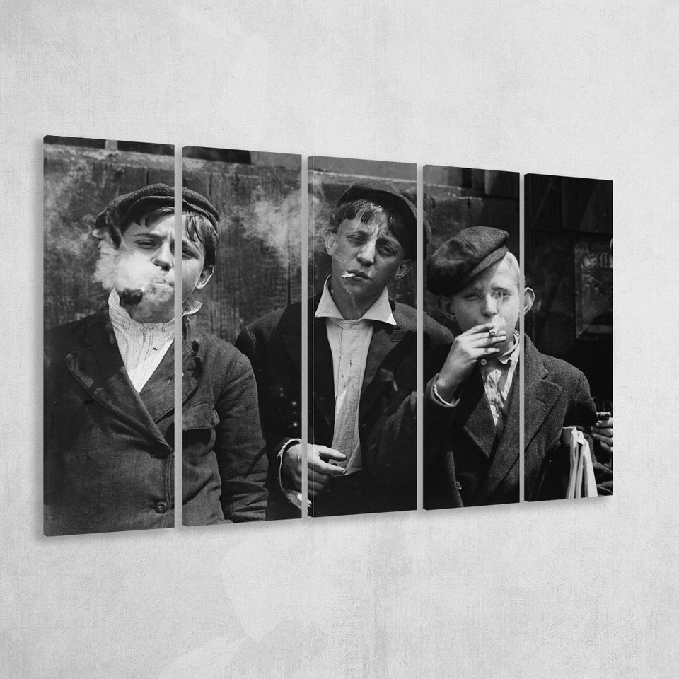 Newsies Boys Smoking Black And White Print, Lewis Hine Larger Canvas Art, 5 Piece Canvas Prints Wall Art Decor