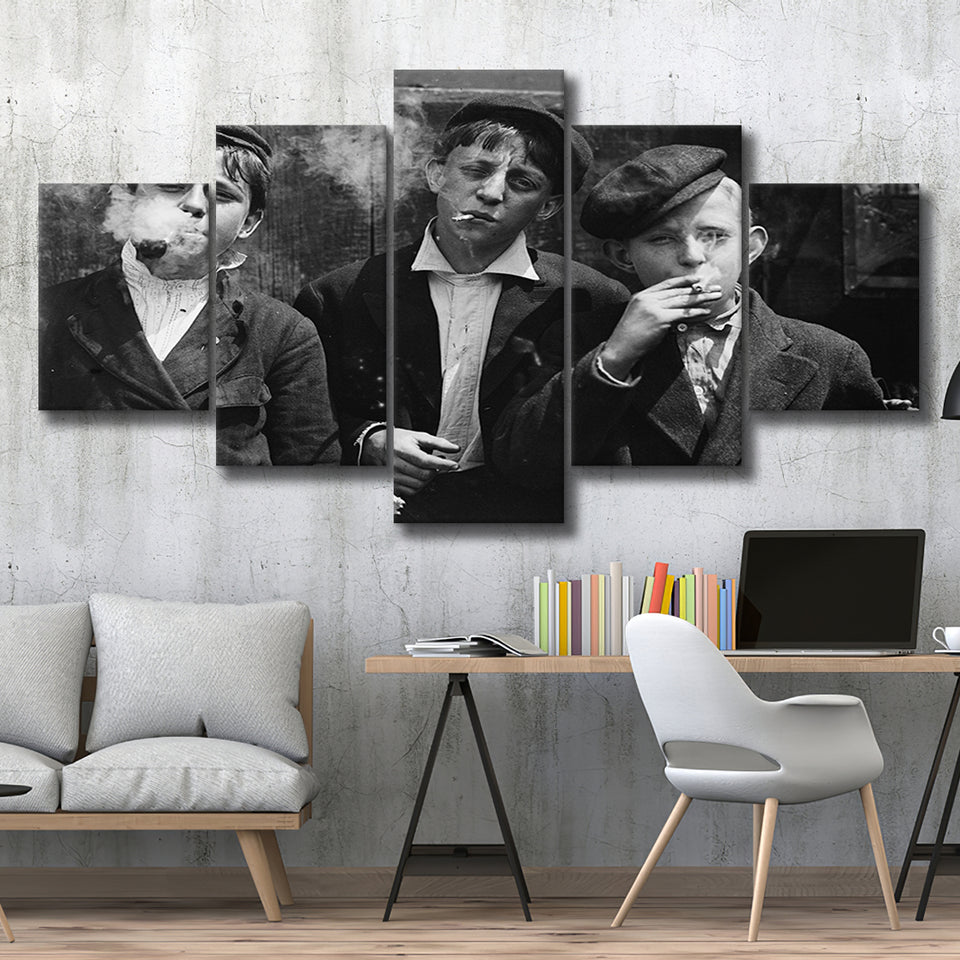 Newsies Boys Smoking Black And White Print, Lewis Hine 5 Panels, Canvas Prints Wall Art Decor, Large Canvas Art