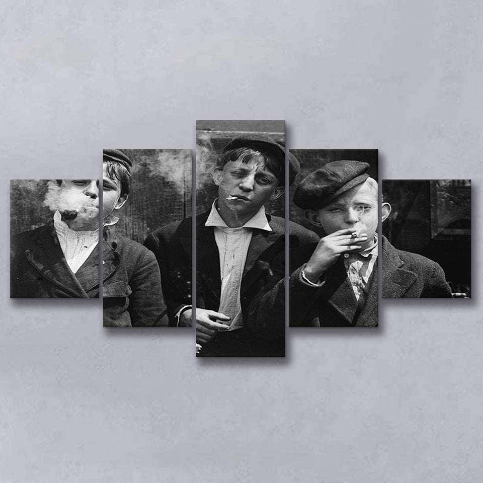 Newsies Boys Smoking Black And White Print, Lewis Hine 5 Panels, Canvas Prints Wall Art Decor, Large Canvas Art