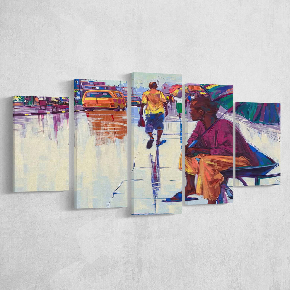 Nigerian Street Scenery, African Woman 5 Panels, Canvas Prints Wall Art Decor, Large Canvas Art