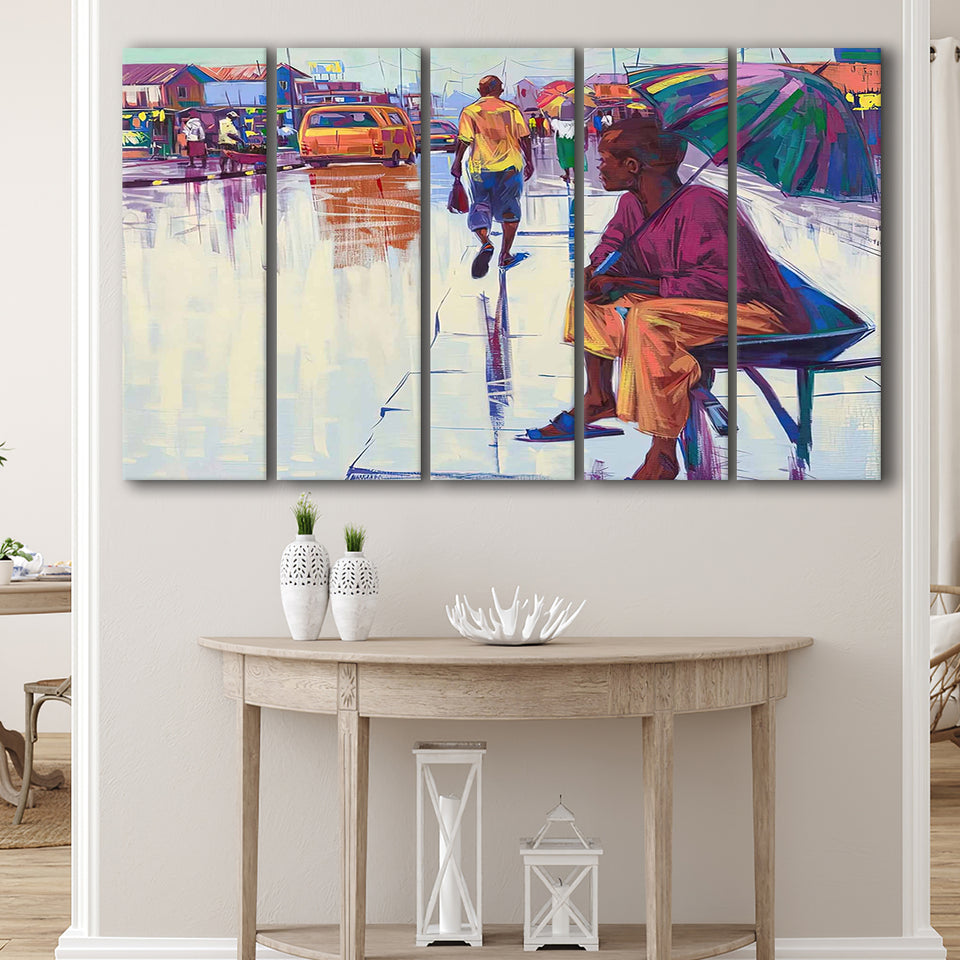 Nigerian Street Scenery, African Woman Larger Canvas Art, 5 Piece Canvas Prints Wall Art Decor