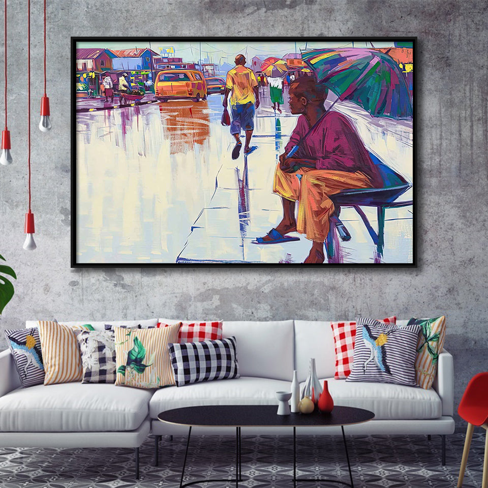 Nigerian Street Scenery, African Woman Framed Canvas Prints Wall Art H