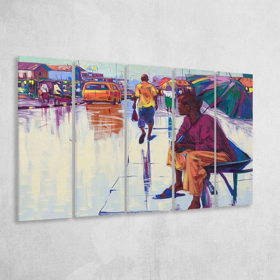 Nigerian Street Scenery, African Woman Larger Canvas Art, 5 Piece Canvas Prints Wall Art Decor