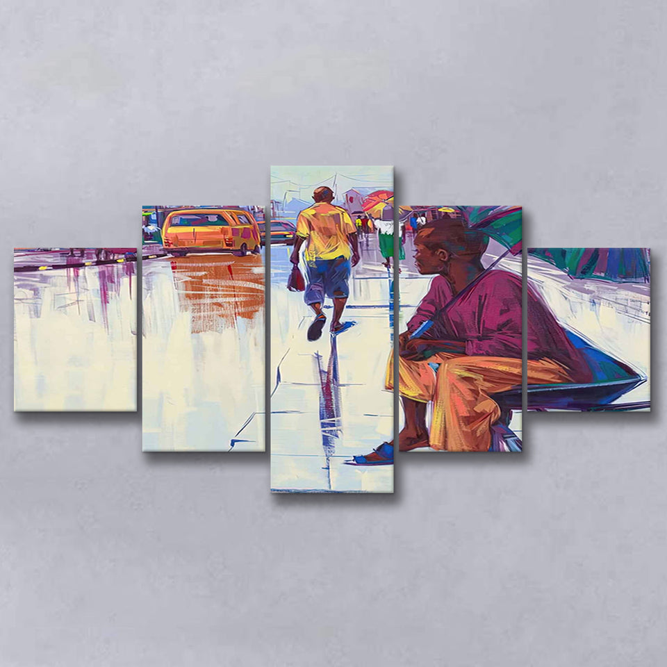 Nigerian Street Scenery, African Woman 5 Panels, Canvas Prints Wall Art Decor, Large Canvas Art