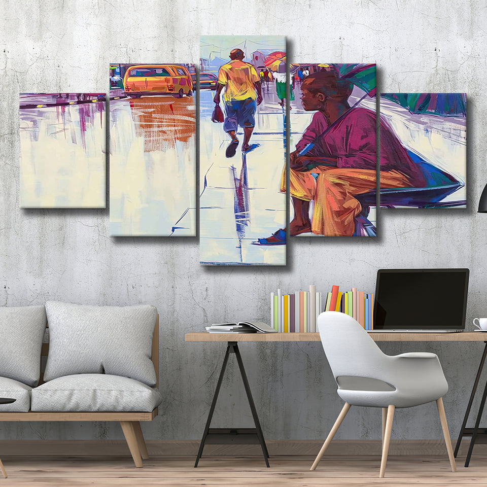 Nigerian Street Scenery, African Woman 5 Panels, Canvas Prints Wall Art Decor, Large Canvas Art
