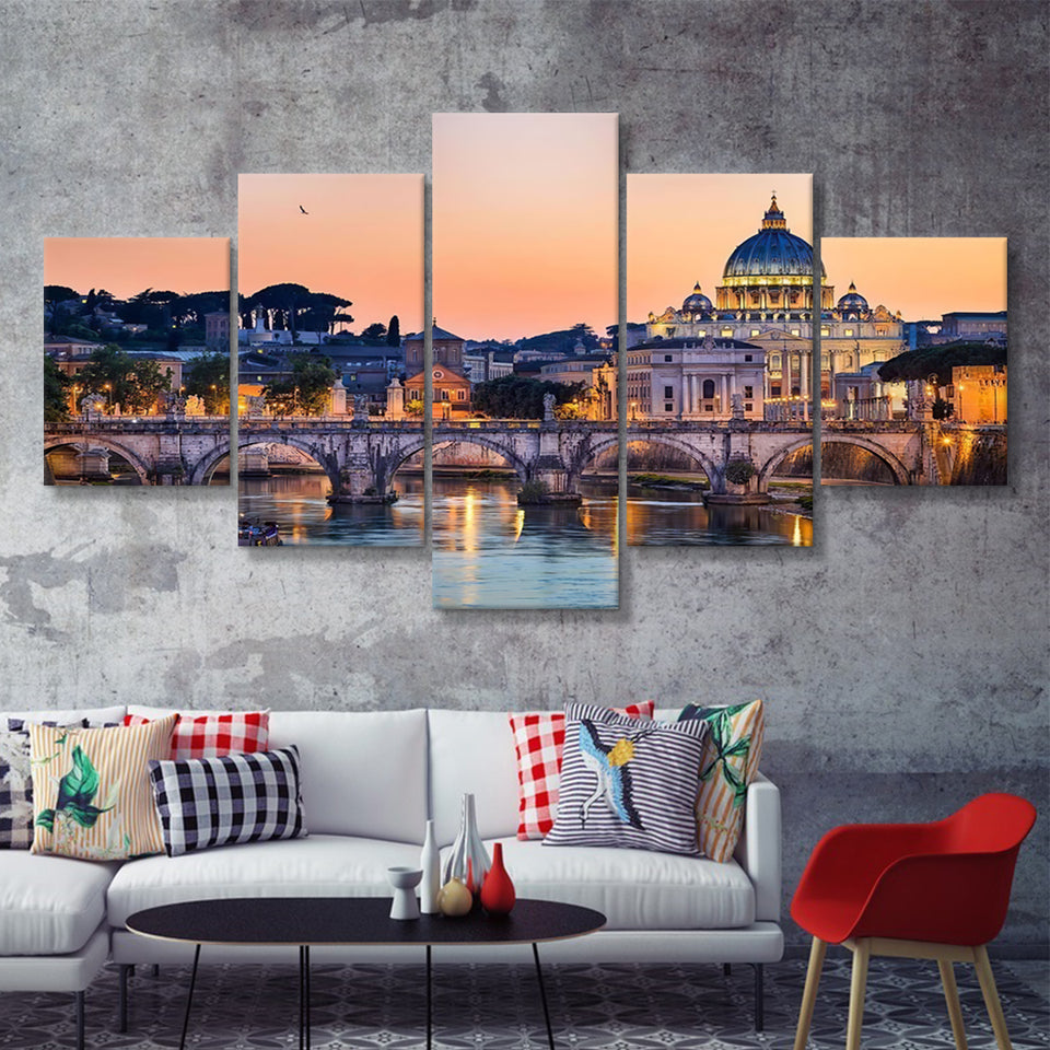 Night View Of The Basilica St Peter Rome Italy 5 Pieces Canvas Prints Wall Art - Painting Canvas, Multi Panels, Wall Decor