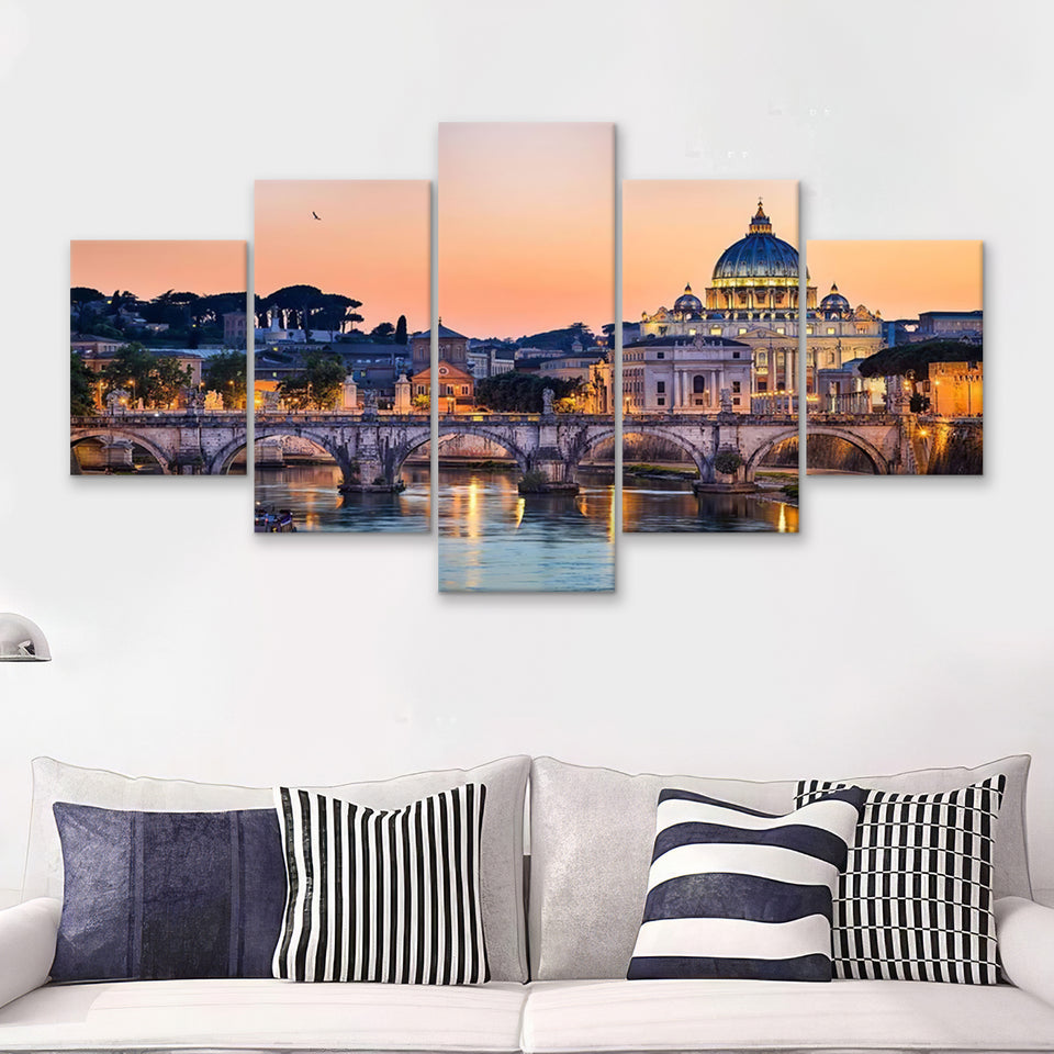 Night View Of The Basilica St Peter Rome Italy 5 Pieces Canvas Prints Wall Art - Painting Canvas, Multi Panels, Wall Decor