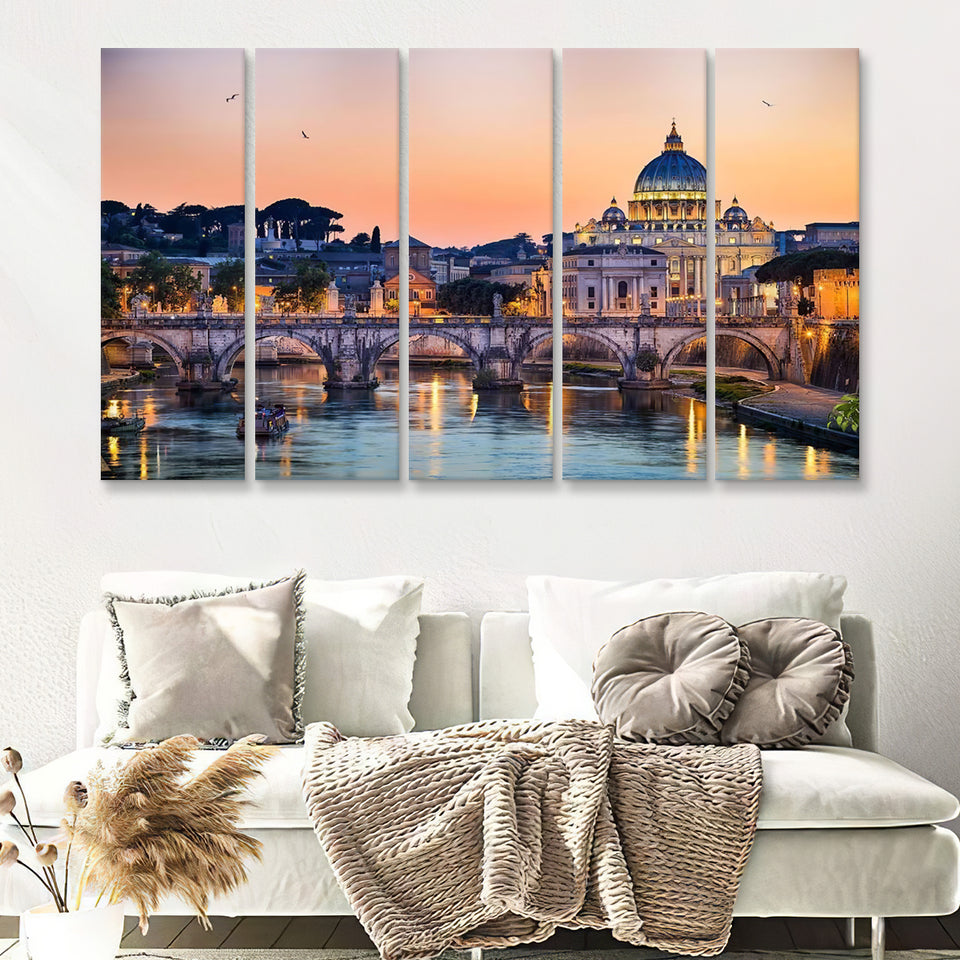 Night View Of The Basilica St Peter Rome Italy 5 Pieces Canvas Prints Wall Art - Painting Canvas, Multi Panels, Wall Decor