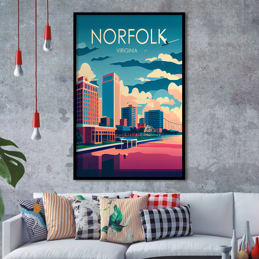 Norfolk Virginia Retro Art Print, City Art Print, Framed Art Print Wall Art Home Decor, Framed Picture
