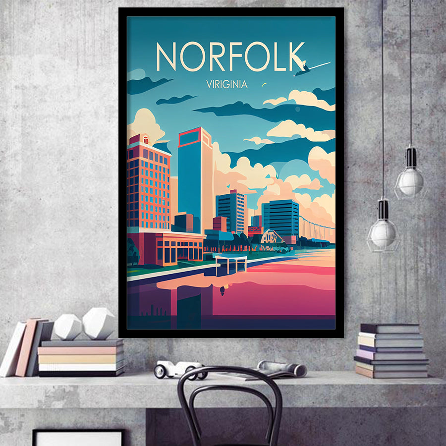 Norfolk Virginia Retro Art Print, City Art Print, Framed Art Print Wall Art Home Decor, Framed Picture