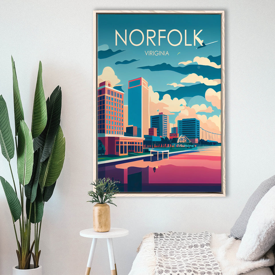 Norfolk Virginia Retro Art Print, Large Canvas, Framed Canvas Print Wall Art Home Decor, Floating Frame