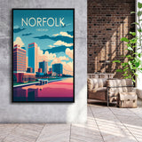 Norfolk Virginia Retro Art Print, Large Canvas, Framed Canvas Print Wall Art Home Decor, Floating Frame