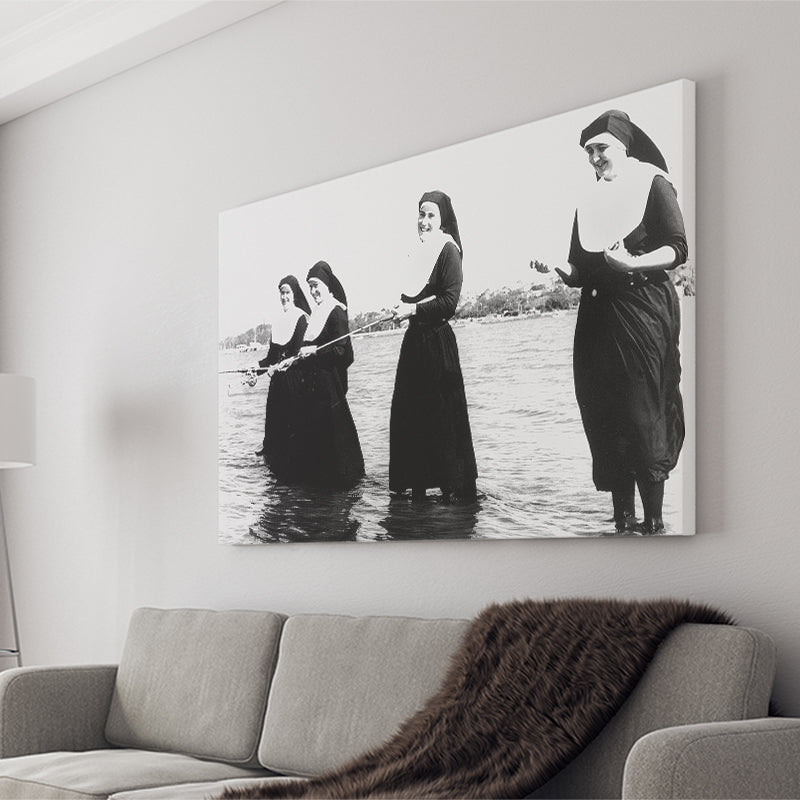 Nuns Fishing Black And White Print, Nuns Having Fun Canvas Prints Wall Art Home Decor
